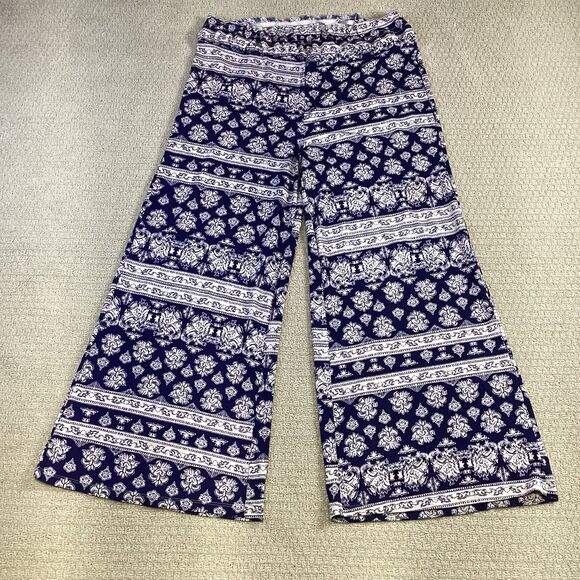 Poof! Boho Wide Leg Lounge Pants Blue White Print Elastic Waist (Read‎ Notes) - Picture 1 of 5